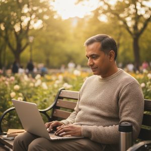 Over 50 professional using AI tools on a laptop to boost their income after 50