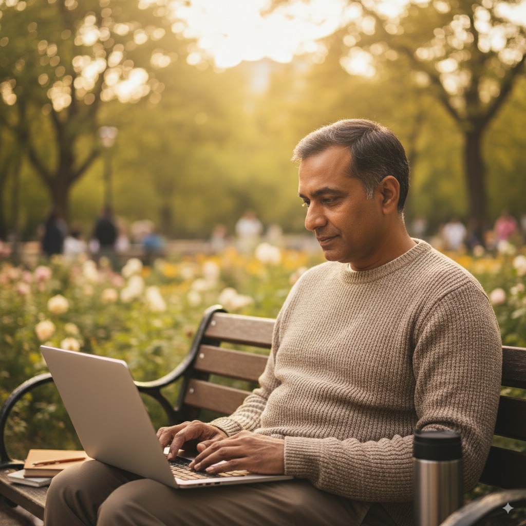 Over 50 professional using AI tools on a laptop to boost their income after 50