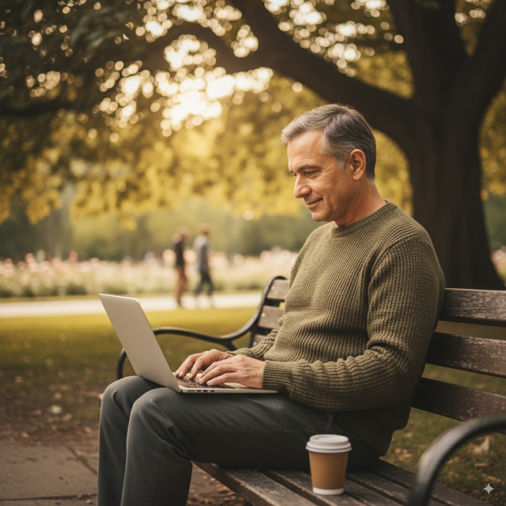 Older man in his 50s planning passive income after 50 with a notebook and laptop