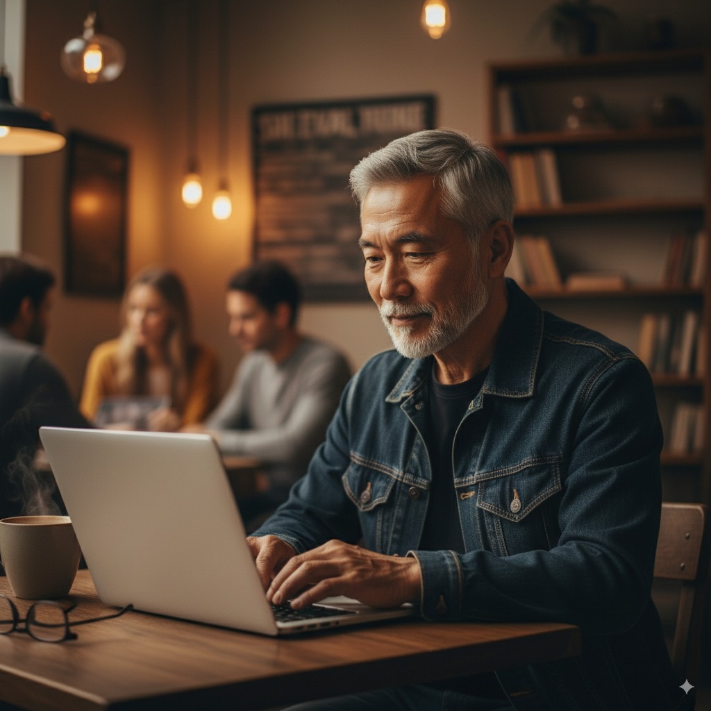 Older man working on a laptop in a modern coworking cafe, representing someone aging out of the workforce while building digital income online
